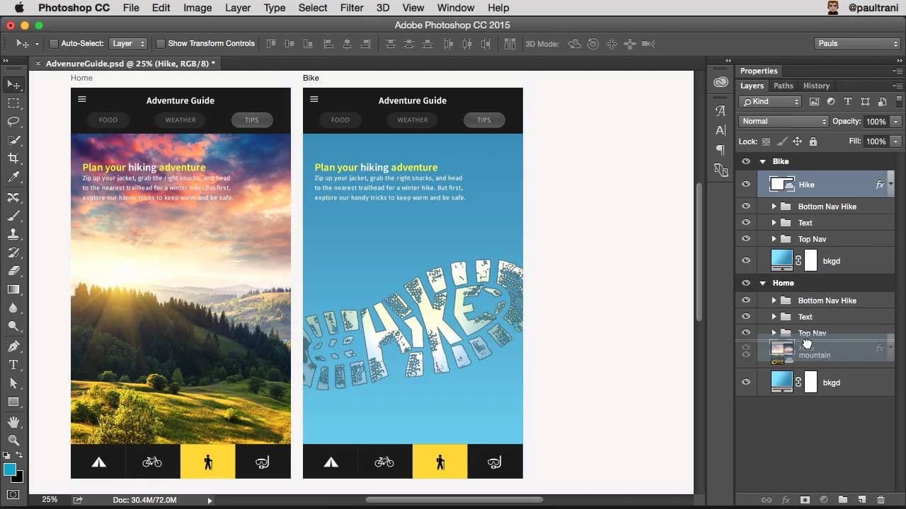 Adobe Photoshop being used to design the interface of a mobile application.